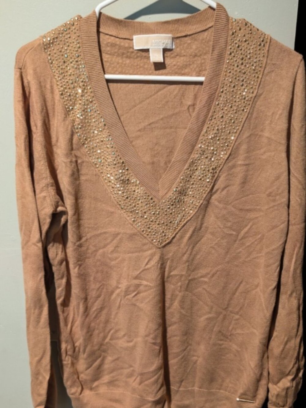 Michael Kors Embellished Brown V Neck Sweater Size Xl